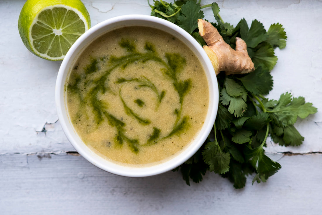 Green Curry Soup with Cilantro-Matcha Garnish Purée Recipe from Toronto Canada Wholesale Tea Retailers Genuine Tea 